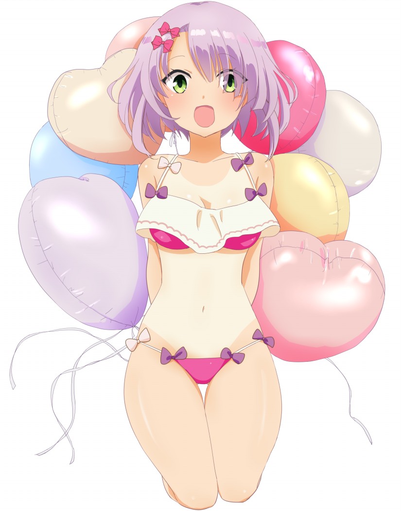1girl :d alternate_costume arms_behind_back balloon bare_shoulders bikini blush bow breasts cafe_stella_to_shinigami_no_chou cleavage collarbone commentary curvy dark-skinned_female dark_skin eyes_visible_through_hair full_body green_eyes hair_bow hair_over_one_eye happy heart_balloon hiuchidani_mei kneeling komatsu_(sakanae) long_bangs medium_breasts navel open_mouth pink_bikini pink_bow purple_hair short_hair simple_background smile solo stomach straight-on swimsuit tan tanlines thigh_gap thighs tsurime white_background wide-eyed