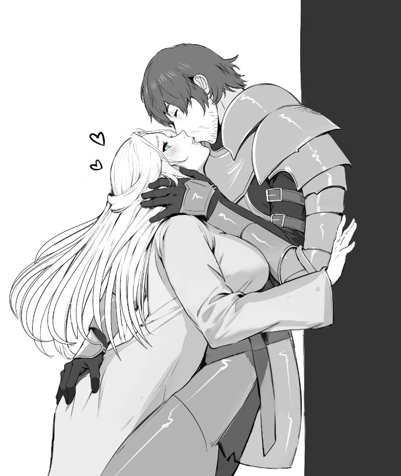 1boy 1girl against_wall armor ass_grab beard blue_eyes blush breasts closed_eyes couple facial_hair final_fantasy final_fantasy_xiv greyscale hand_on_another's_head happy heart height_difference hug huge_breasts jamjamstyle kiss leaning long_hair monochrome robe short_sleeves simple_background venat_(ff14) very_long_hair warrior_of_light_(ff14) white_background white_hair
