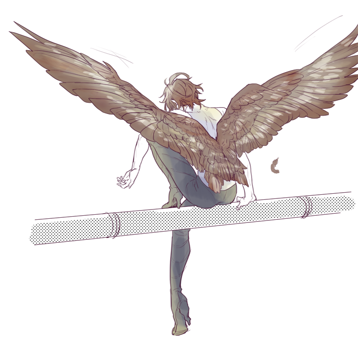 1boy ahoge arm_support bishounen black_pants boots brown_feathers brown_hair brown_wings commentary_request feathered_wings feathers from_behind full_body getting_up granblue_fantasy high_heel_boots high_heels knee_up male_focus masakane messy_hair motion_lines pants sandalphon_(granblue_fantasy) short_hair sitting sketch sleeveless sleeveless_turtleneck solo_focus turtleneck unfinished wings