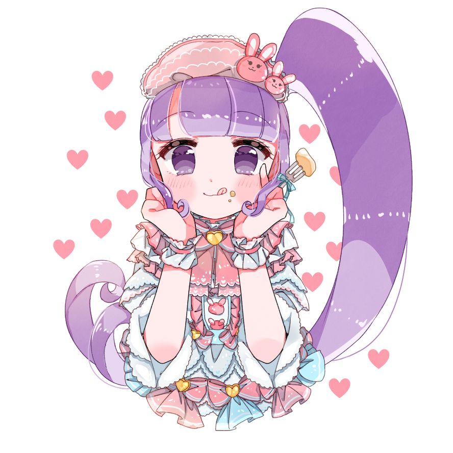 1girl :q blunt_bangs blush bow center_frills closed_mouth cropped_torso fork frills hairband hands_on_own_cheeks hands_on_own_face hands_up heart holding holding_fork kira_(kiratwins) long_hair looking_at_viewer manaka_non pink_bow pink_hairband pretty_series pripara purple_eyes purple_hair side_ponytail smile solo straight-on third-party_source tongue tongue_out upper_body white_background wrist_cuffs