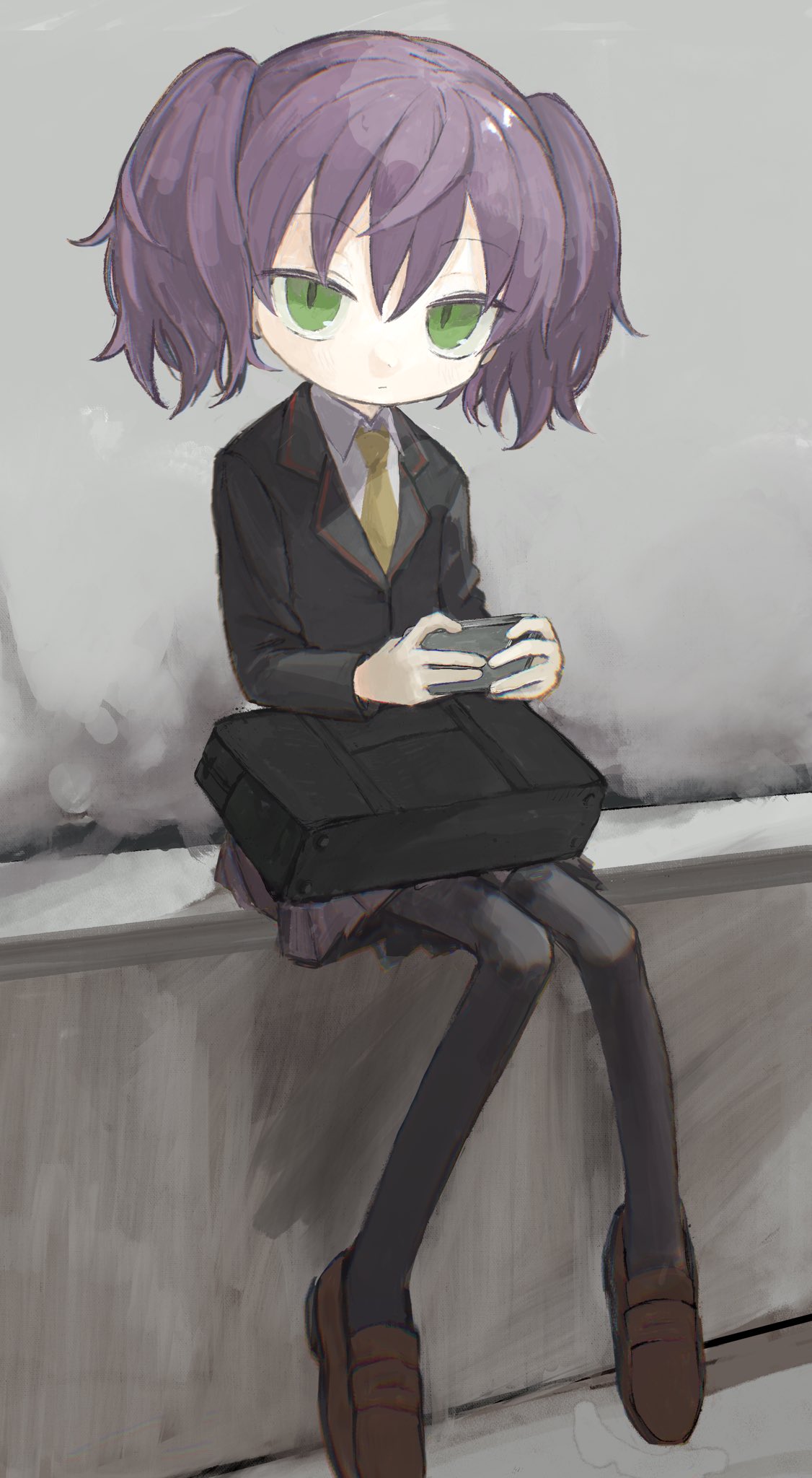 1girl collared_shirt expressionless green_eyes highres hitonatz jacket loafers looking_at_viewer necktie null-meta pantyhose shinohara_kogome shirt shoes short_hair short_twintails sitting sketch skirt solo twintails
