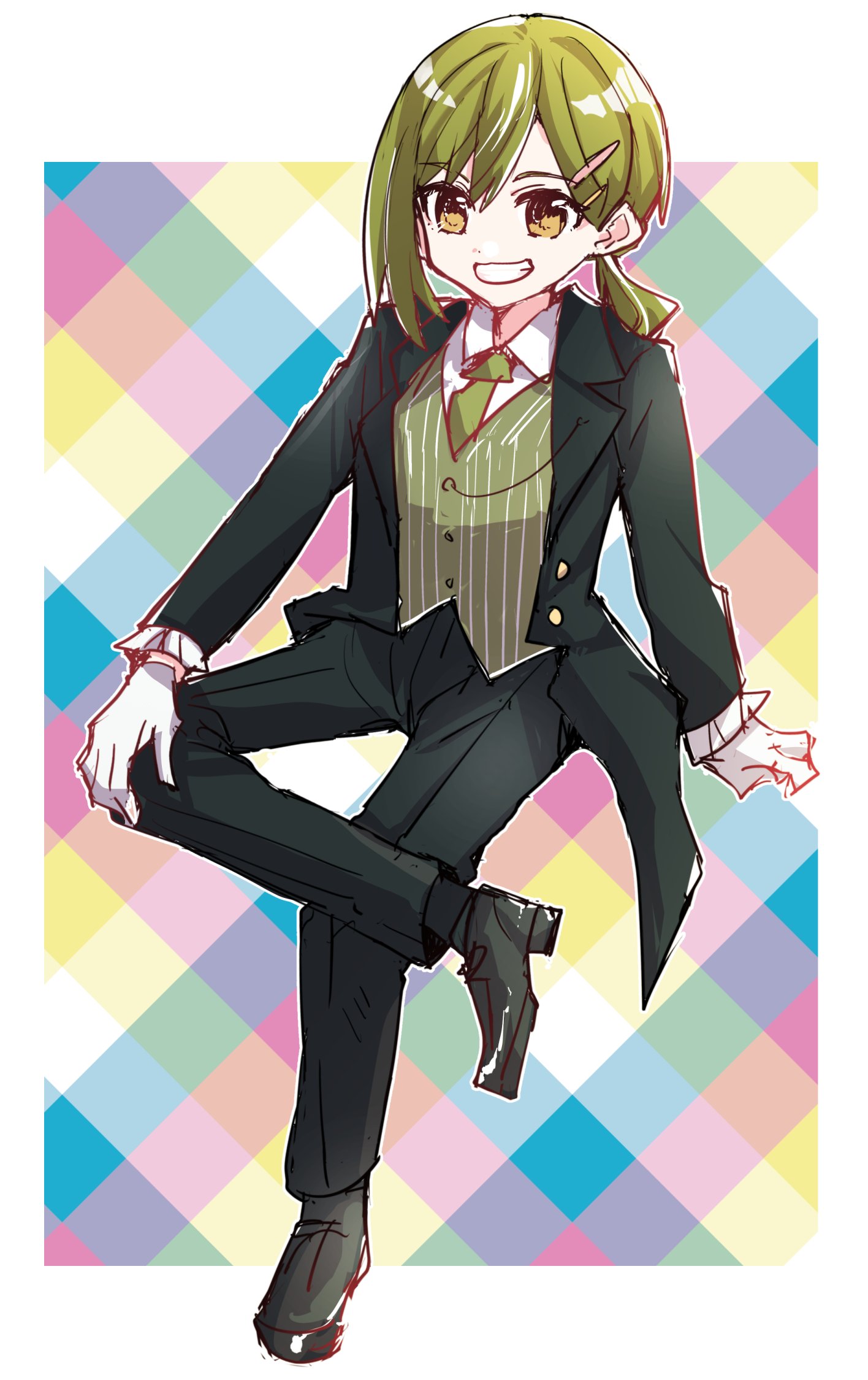 1girl :d arm_support black_coat black_footwear black_pants black_suit border butler coat collared_shirt crossed_legs female_butler gloves green_hair green_necktie green_vest grin hand_on_own_knee highres invisible_chair kanduki_kamibukuro link!_like!_love_live! loafers long_hair long_sleeves love_live! low_ponytail multicolored_background necktie oogami_sachi outline outside_border pant_suit pants shirt shoes single_sidelock sitting smile solo square striped_clothes striped_vest suit swept_bangs tailcoat vertical-striped_clothes vertical-striped_vest vest white_border white_gloves white_outline white_shirt yellow_eyes