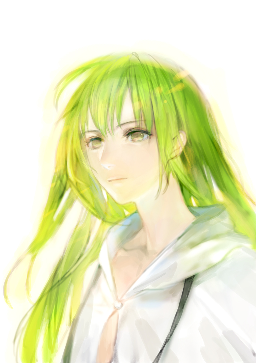 1other androgynous closed_mouth enkidu_(fate) fate/grand_order fate_(series) green_eyes green_hair long_hair looking_at_viewer robe simple_background solo tomatika upper_body white_background white_robe