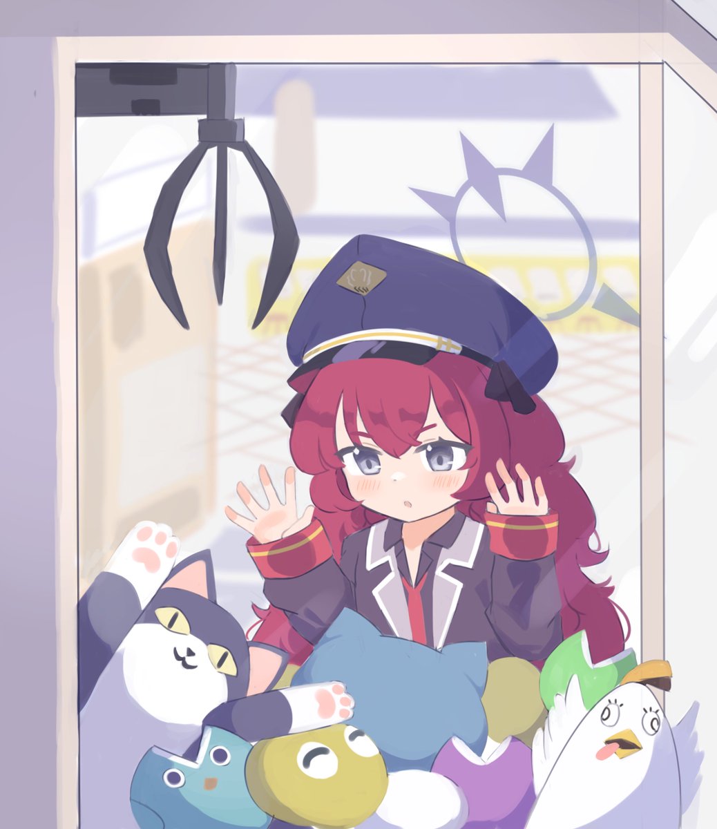 1girl anma21 big_brother_(blue_archive) black_jacket black_shirt blue_archive blue_hat blush collared_shirt crane_game grey_eyes hair_between_eyes halo hand_on_glass hat highres indoors iroha_(blue_archive) jacket long_hair long_sleeves necktie open_hands parted_lips peaked_cap peroro_(blue_archive) red_hair red_necktie shirt sleeves_past_wrists solo stuffed_animal stuffed_toy upper_body wavecat_(blue_archive) wavy_hair