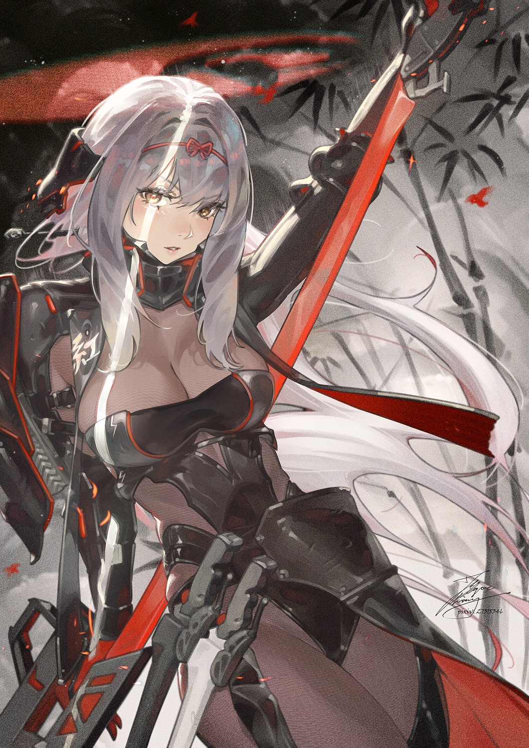 1girl arm_up armor bamboo black_armor black_bodysuit black_footwear bodysuit breasts cleavage fadingz film_grain goddess_of_victory:_nikke grey_background grey_hair hair_ribbon halo headgear high_heels highres holding holding_sword holding_weapon large_breasts long_hair looking_at_viewer parted_lips red_ribbon ribbon scabbard scarlet_(black_shadow)_(nikke) scarlet_(nikke) sheath shoulder_armor sidelocks solo standing sword weapon