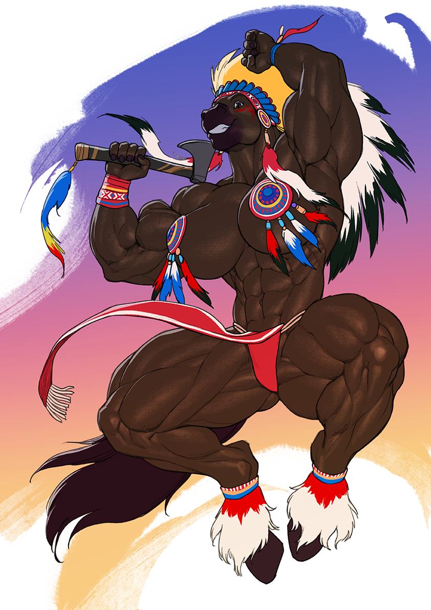 2024 abs anthro axe biceps big_breasts big_muscles bottomwear breasts brown_body brown_fur clothing deltoids equid equine female fur headdress holding_object holding_weapon hooves horse huge_breasts huge_muscles loincloth mammal muscular muscular_female pasties pokkuti quads solo tribal triceps weapon