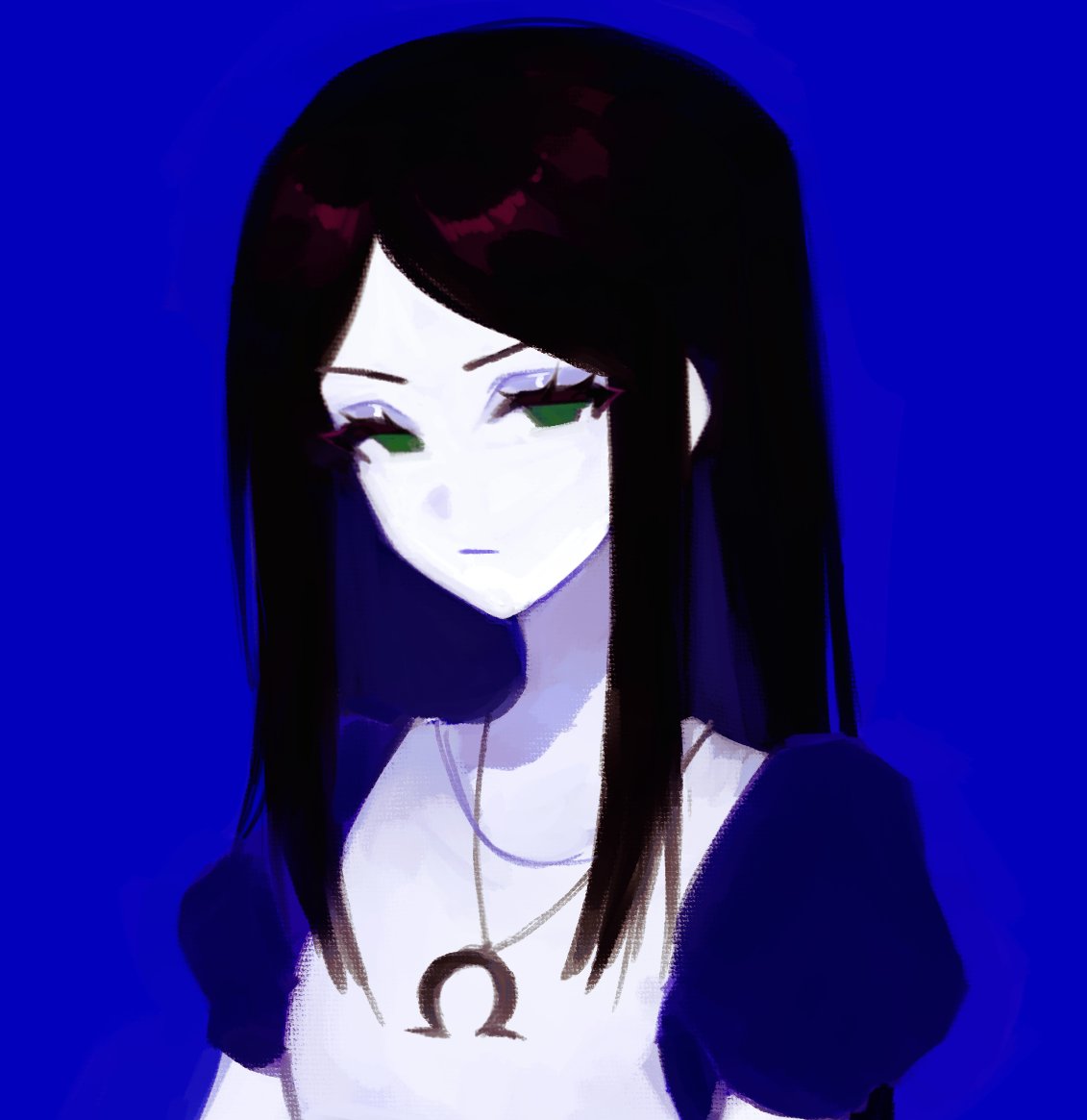 1girl alice_liddell_(american_mcgee's_alice) american_mcgee's_alice black_hair blue_background blue_eyeshadow closed_mouth english_commentary expressionless eyeshadow green_eyes half-closed_eyes jewelry long_eyelashes long_hair makeup nonsensemanna pale_skin pendant puffy_short_sleeves puffy_sleeves short_sleeves sketch solo thick_eyelashes upper_body