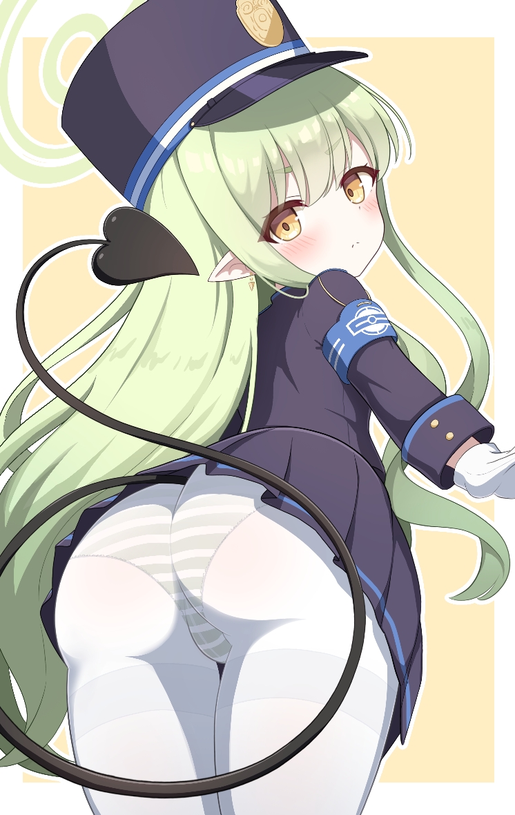 1girl armband black_hat black_tail blue_archive blue_armband demon_tail from_behind gloves green_eyes green_hair green_halo halo hat highlander_sidelocks_conductor_(blue_archive) long_hair looking_at_viewer looking_back panties panties_under_pantyhose pantyhose pantyshot peaked_cap pleated_skirt pointy_ears simple_background skirt striped_clothes striped_panties tail underwear white_gloves white_pantyhose yuchiberu