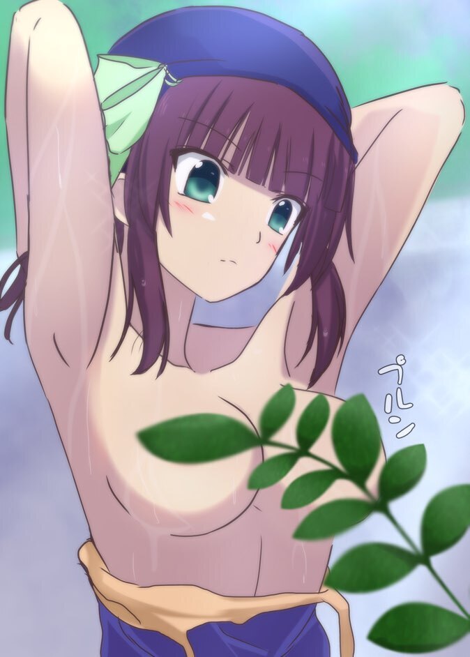 1girl angel_beats! armpits arms_up blunt_bangs blurry blush bow breasts censored cleavage closed_mouth collarbone commentary_request convenient_censoring depth_of_field expressionless eyes_visible_through_hair green_bow green_eyes hair_bow lelie_(lelie_link) looking_down medium_breasts medium_hair nakamura_yuri paid_reward_available purple_hair school_swimsuit sidelocks solo sound_effects split_mouth swim_cap swimsuit topless torn_clothes torn_swimsuit upper_body wet