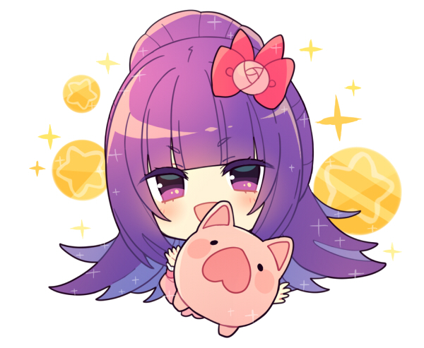 1girl :d bad_id bad_pixiv_id blunt_bangs bow chibi cropped_torso flower hair_bow hair_flower hair_ornament hanazono_shuka idol_time_pripara long_hair looking_at_viewer n_(m_ohkamotoh) open_mouth piggy_bank pink_bow ponytail pretty_series pripara purple_eyes purple_hair smile solo sparkle upper_body white_background