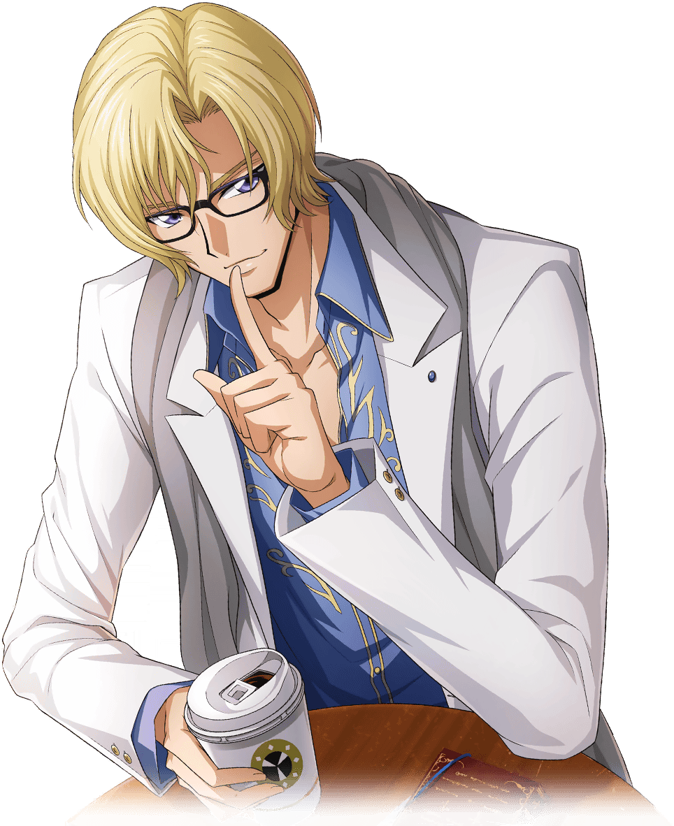 1boy artist_request black-framed_eyewear blonde_hair blue_eyes blue_shirt book casual closed_mouth code_geass code_geass:_lost_stories coffee collarbone collared_shirt cup disposable_cup drink finger_to_mouth game_cg glasses grey_scarf hand_up happy holding holding_cup holding_drink index_finger_raised jacket layered_sleeves long_sleeves looking_at_viewer male_focus non-web_source official_art open_clothes open_jacket scarf schneizel_el_britannia shirt short_hair shushing sidelocks simple_background sitting smile solo table transparent_background upper_body white_jacket