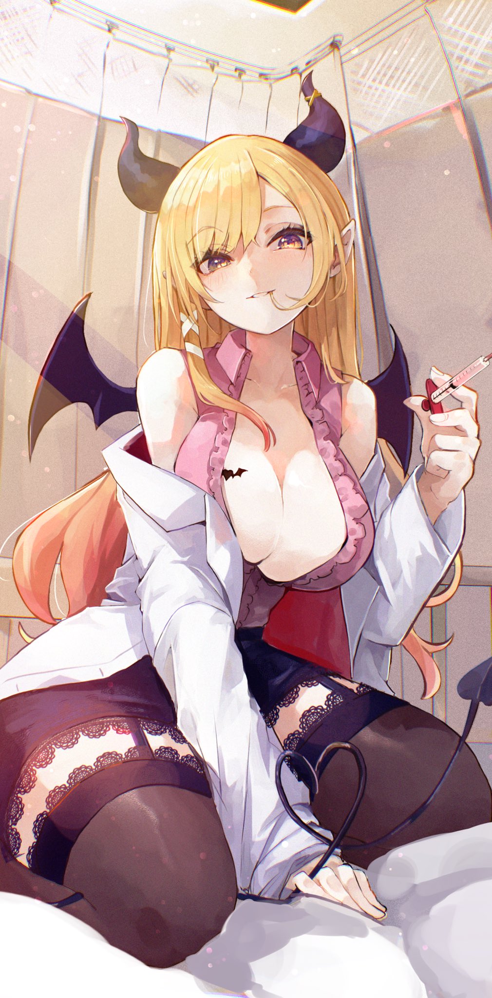 1girl between_legs black_horns black_skirt black_thighhighs blonde_hair breast_tattoo breasts center_frills cleavage coat collarbone collared_shirt commentary curtains demon_girl demon_horns demon_tail demon_wings frilled_shirt frills garter_straps hair_in_own_mouth hair_ribbon hand_between_legs highres holding holding_syringe hololive horn_ornament horn_ring horns infirmary lab_coat lace-trimmed_skirt lace-trimmed_thighhighs lace_trim large_breasts long_hair looking_at_viewer miniskirt nyucha off_shoulder on_bed open_clothes open_coat parted_lips pencil_skirt pink_shirt pointy_ears purple_eyes ribbon shirt sitting skirt sleeveless sleeveless_shirt solo swept_bangs syringe tail tattoo thighhighs tress_ribbon virtual_youtuber wariza white_coat winged_heart wings yuzuki_choco yuzuki_choco_(1st_costume)