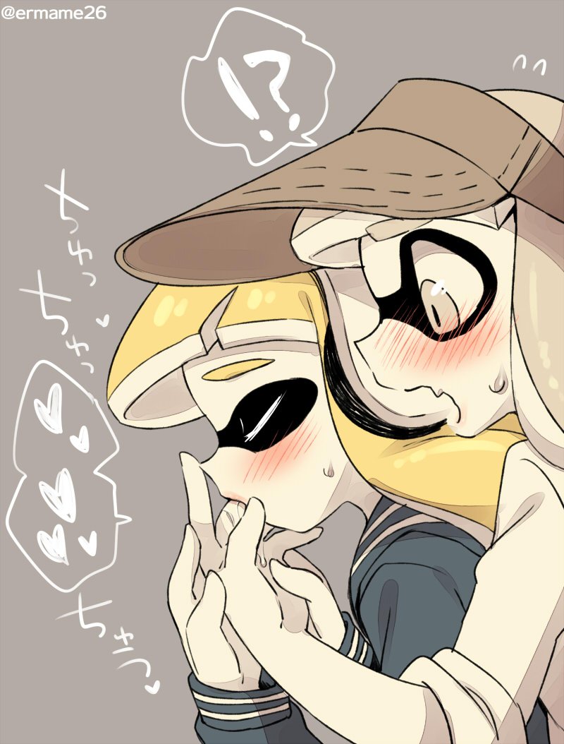 !? 2girls artist_name behind_another blonde_hair blush closed_eyes dutch_angle eromame fang flying_sweatdrops from_side grey_eyes grey_hair hat holding inkling inkling_girl inkling_player_character licking licking_finger long_sleeves multiple_girls open_mouth profile sailor saliva shirt simple_background skin_fang sleeves_rolled_up splatoon_(series) splatoon_1 surprised sweat sweatdrop tareme tentacle_hair thick_eyebrows visor_cap yuri