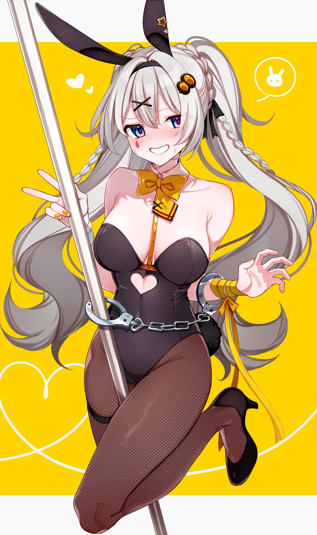 1girl animal_ears bare_shoulders blue_eyes bow braid breasts cleavage collar cuffs fishnets full_body grey_hair handcuffs high_heels highres large_breasts long_hair necktie pantyhose playboy_bunny pole rabbit rabbit_ears rabbit_hole_(vocaloid) solo stripper_pole twintails v vocaloid voiceroid yellow_bow yellow_necktie yodare_(3yami8)