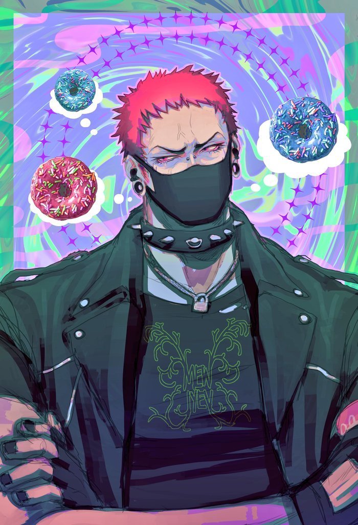 1boy alternate_costume bara black_nails border charlotte_katakuri crossed_arms doughnut food food-themed_background frown green_border jacket male_focus mask mewiyev mouth_mask muscular muscular_male one_piece pink_hair short_hair sideways_glance solo upper_body veiny_face
