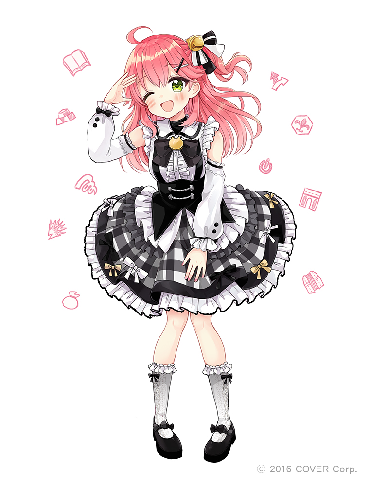 :d black_dress dress full_body green_eyes hair_ornament hairclip hololive open_mouth pink_hair sakura_miko sakura_oriko simple_background smile socks standing virtual_youtuber white_background white_socks x_hair_ornament