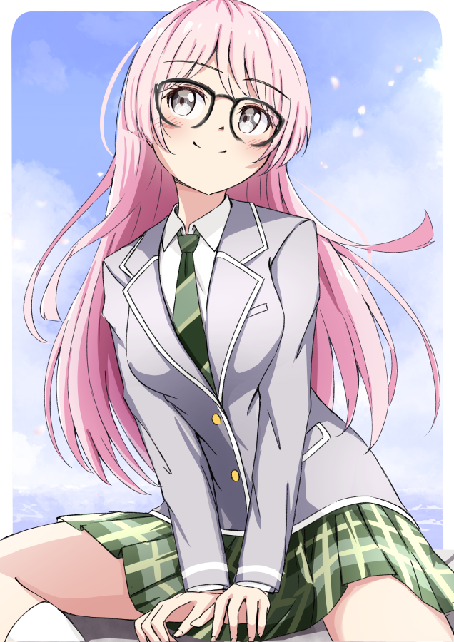 1girl bang_dream! bang_dream!_it's_mygo!!!!! black-framed_eyewear blue_sky blush border breast_pocket breasts buttons chihaya_anon closed_mouth collared_shirt commentary day diagonal-striped_clothes diagonal-striped_necktie feet_out_of_frame glasses green_necktie green_skirt grey_eyes grey_jacket haneoka_school_uniform hidemu jacket long_hair long_sleeves looking_to_the_side necktie outdoors outside_border pink_hair plaid plaid_skirt pleated_skirt pocket rounded_corners school_uniform shirt sitting skirt sky smile solo striped_clothes white_border