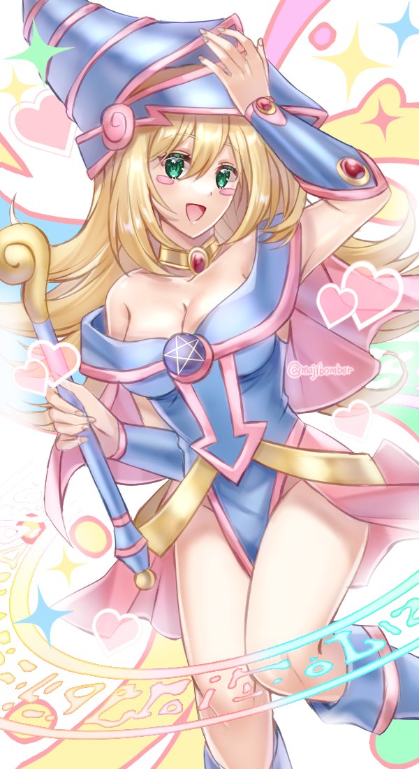 1girl :d bare_shoulders blonde_hair blue_dress blue_hat blush_stickers breasts choker cleavage commentary dark_magician_girl dress duel_monster green_eyes hair_between_eyes hat heart holding holding_staff long_hair looking_at_viewer maji_(majibomber) open_mouth short_dress smile solo staff symbol-only_commentary twitter_username wizard_hat yu-gi-oh!