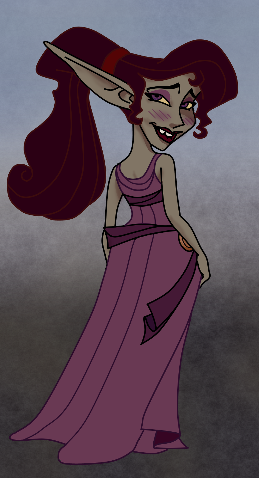 bite biting_lip blush bunny75 clothed clothing disney disney_princess dress female goblin grey_body grey_skin hair hercules_(1997) hi_res humanoid long_ears long_hair looking_at_viewer looking_back megara purple_clothing purple_dress purple_eyes solo