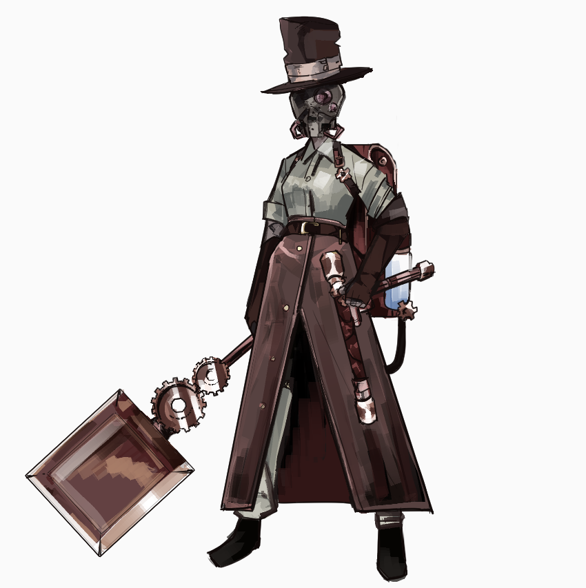 1girl backpack bag belt black_footwear brown_bag brown_belt brown_hat brown_skirt full_body gears hat helmet holding holding_weapon library_of_ruina long_skirt madotsuki_ren project_moon shoes skirt solo steampunk top_hat weapon yae_(project_moon)