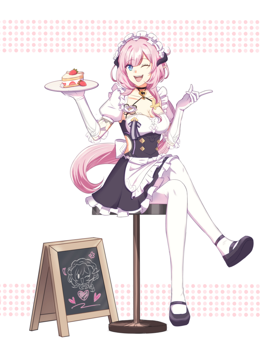 1girl ;d apron black_dress black_footwear blue_eyes breasts cake cake_slice cleavage commentary_request crossed_legs dress elbow_gloves elysia_(honkai_impact) food frilled_apron frilled_dress frilled_gloves frills fruit full_body gloves hands_up holding holding_plate honkai_(series) honkai_impact_3rd long_hair maid medium_breasts menu_board one_eye_closed pink_hair plate pointy_ears puffy_short_sleeves puffy_sleeves rixira_(234416714) shoe_soles shoes short_sleeves sitting smile solo stool strawberry teeth thighhighs upper_teeth_only very_long_hair waist_apron white_apron white_background white_gloves white_thighhighs