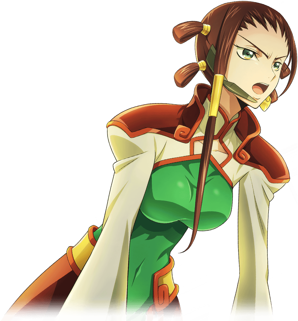 1girl artist_request bangs_pinned_back bodysuit bodysuit_under_clothes breasts brown_hair chinese_clothes clothing_cutout code_geass code_geass:_lost_stories collarbone covered_navel cropped_torso earpiece forehead game_cg green_bodysuit green_eyes hair_tie hair_tubes leaning_forward long_hair long_sleeves medium_breasts non-web_source official_art open_mouth quad_tails shrug_(clothing) simple_background skin_tight solo standing teeth transparent_background v-shaped_eyebrows zhou_xianglin