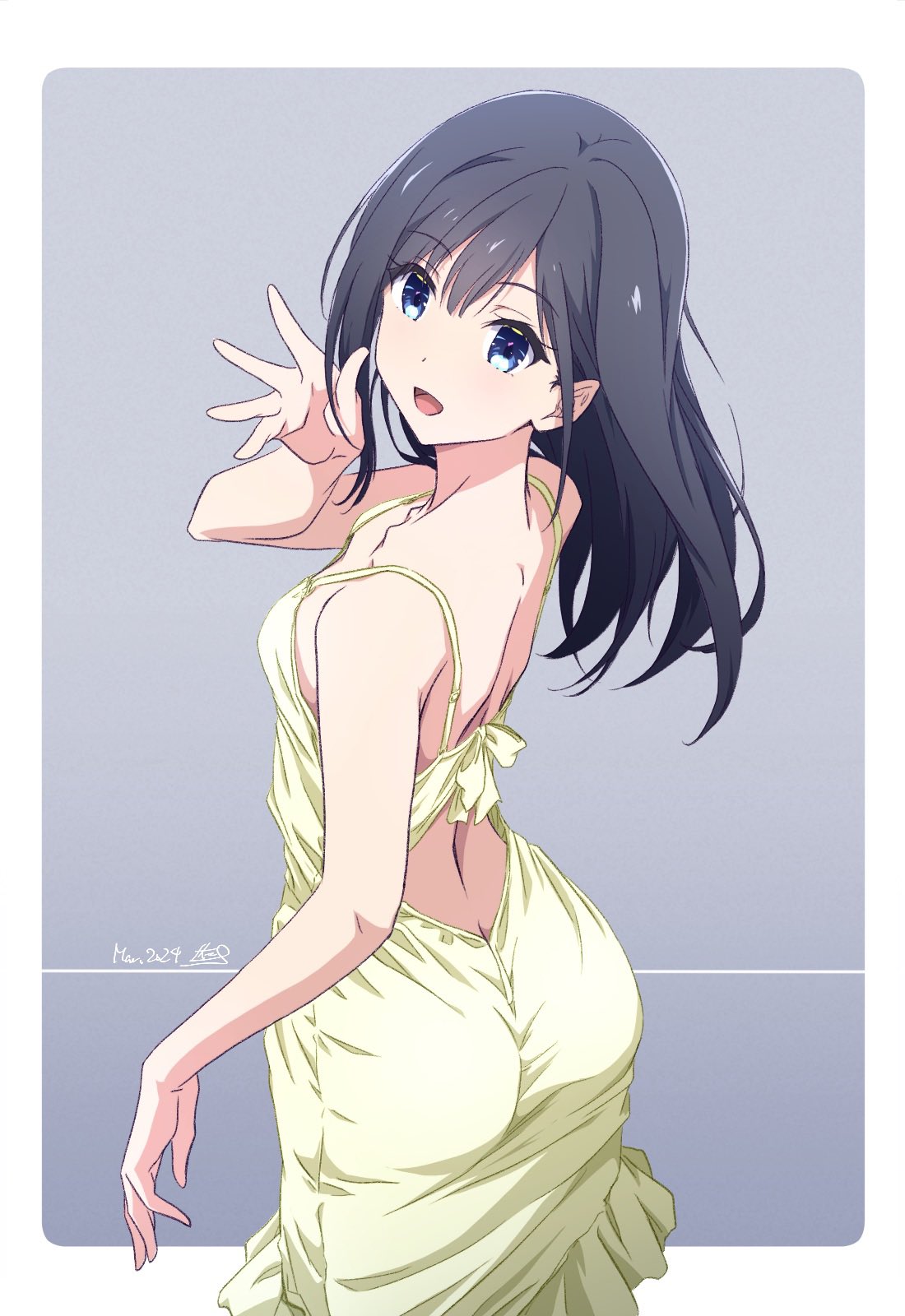 1girl back black_hair blue_eyes breasts collarbone commentary_request dated dress from_behind gradient_background grey_background highres looking_at_viewer medium_breasts medium_hair monai-chan_(nii_manabu) nii_manabu open_mouth original signature sleeveless sleeveless_dress solo yellow_dress
