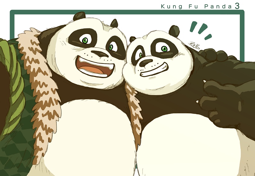 anthro bear belly black_and_white_fur dreamworks duo father_(lore) father_and_child_(lore) father_and_son_(lore) giant_panda green_eyes kung_fu_panda li_shan_(kung_fu_panda) male mammal master_po_ping overweight parent_(lore) parent_and_child_(lore) parent_and_son_(lore) pla0net5lai8ka smile son_(lore)