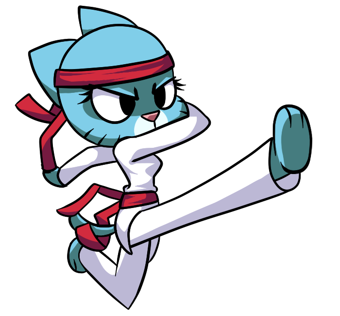 anthro blue_fur breasts cartoon_network cat clothed clothing feline female fur gi kick mammal mature_female mother naimeo nicole_watterson parent pink_nose red_belt side_boob solo sweatband the_amazing_world_of_gumball whiskers