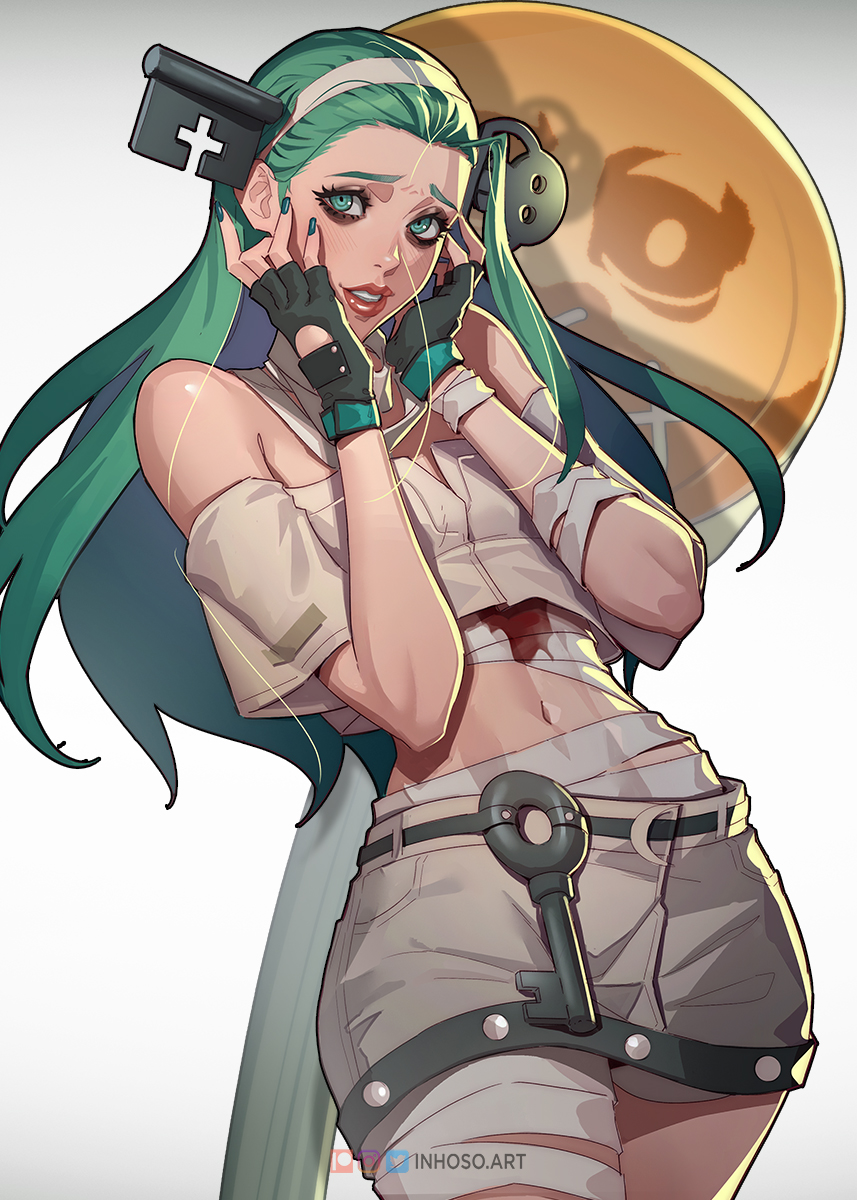 1girl a.b.a bandaged_chest bandaged_neck bandages black_eyeliner black_gloves blood blood_on_bandages blush clenched_teeth cowboy_shot cropped_shirt eyeliner fingerless_gloves gloves green_eyes green_hair green_nails guilty_gear guilty_gear_strive hair_slicked_back hairband hands_on_own_face hands_up highres inhoso instagram_logo key key_hair_ornament long_hair looking_at_viewer makeup midriff navel off-shoulder_shirt off_shoulder open_mouth patreon_logo red_lips ringed_eyes shirt shorts simple_background solo standing straight_hair teeth twitter_logo white_background white_hairband white_shirt white_shorts