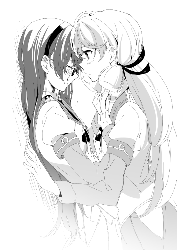 akashi_(kantai_collection) blush crying greyscale hands_on_another's_chest hip_vent kantai_collection long_hair monochrome multiple_girls myama ooyodo_(kantai_collection) tears white_background yuri
