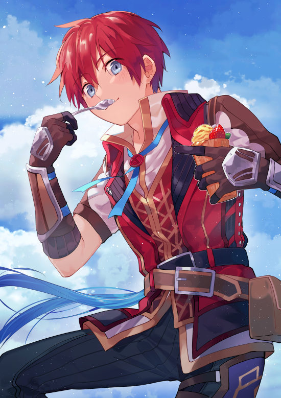 1boy adol_christin armor belt blue_eyes blue_sky cloud commentary_request eating from_below gloves hair_between_eyes holding holding_spoon kiruri_(mimosayoshi) layered_clothes light_blush light_particles looking_at_viewer male_focus multiple_belts pants red_hair short_hair sky smile solo spoon upper_body utensil_in_mouth ys ys_viii_lacrimosa_of_dana