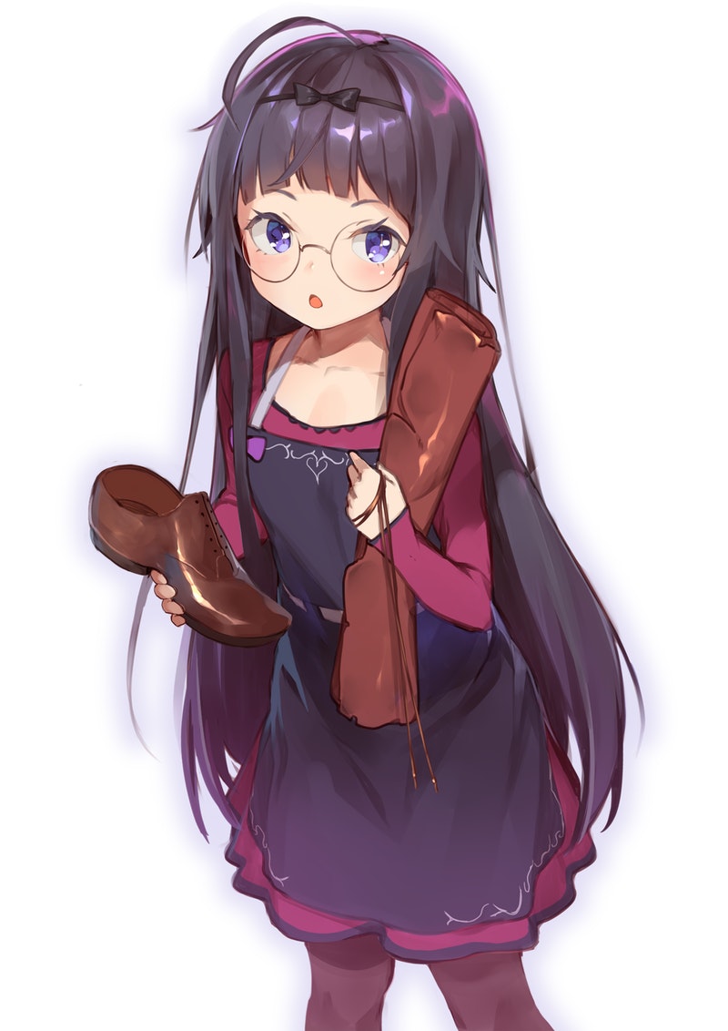 1girl :o ahoge apron black_apron black_bow black_hair blue_eyes bow brown_footwear brown_legwear collarbone dress glasses hair_bow holding long_hair long_sleeves looking_at_viewer open_mouth original pantyhose purple_dress round_eyewear shindou_kamichi shoes simple_background sleeves_past_wrists solo standing very_long_hair white_background