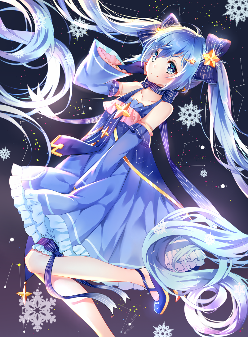 blue_eyes blue_hair detached_sleeves dress hatsune_miku ju_topia long_hair snowflakes solo twintails very_long_hair vocaloid yuki_miku