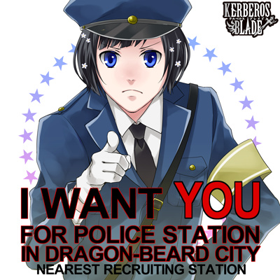 artist_request black_hair blue_eyes english gloves hat i_want_you kerberos_blade lowres male_focus parody pointing pointing_at_viewer police police_hat police_uniform solo uncle_sam uniform