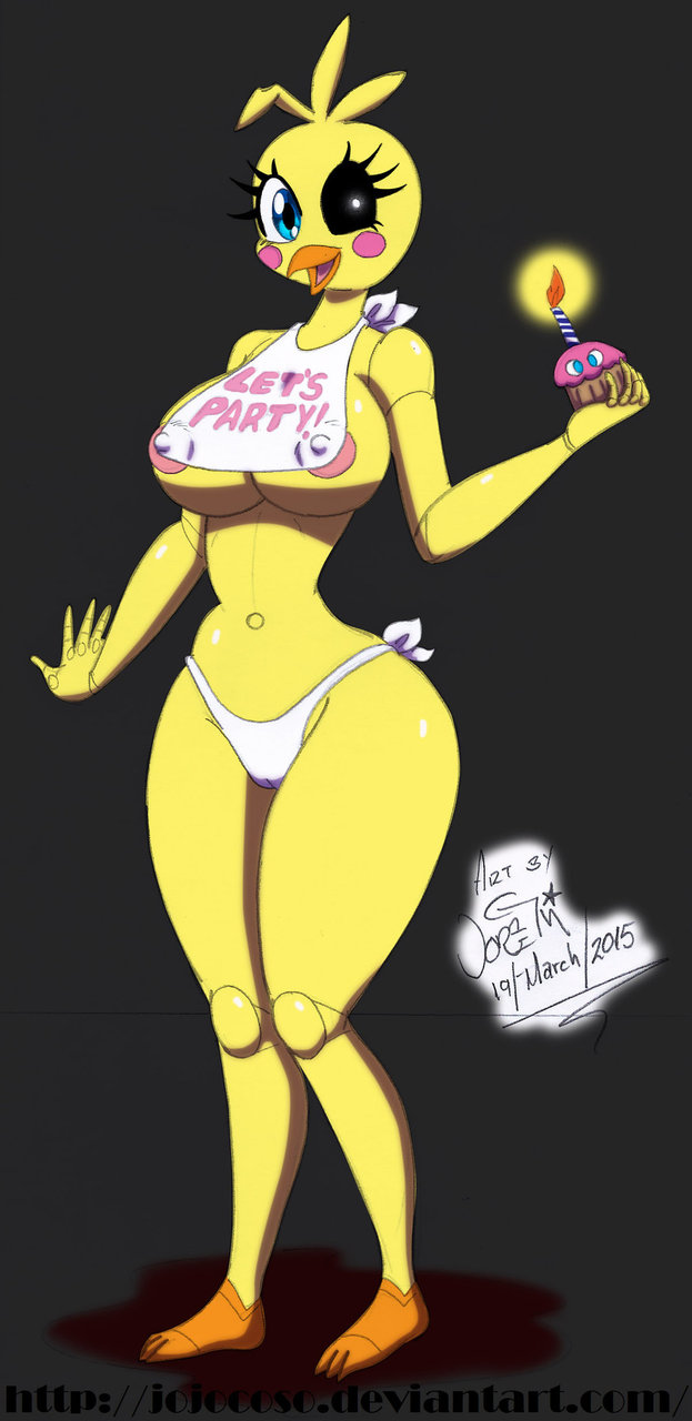2016 absurd_res animatronic anthro areola avian beak bib big_breasts bird black_sclera blue_eyes breasts camel_toe chicken clothed clothing colored cupcake_(fnaf) edit erect_nipples female five_nights_at_freddy's five_nights_at_freddy's_2 hi_res jojocoso machine nipple_bulge nipples non-mammal_breasts panties robot rosy_cheeks skimpy smile solo toy_chica_(fnaf) underwear video_games wide_hips