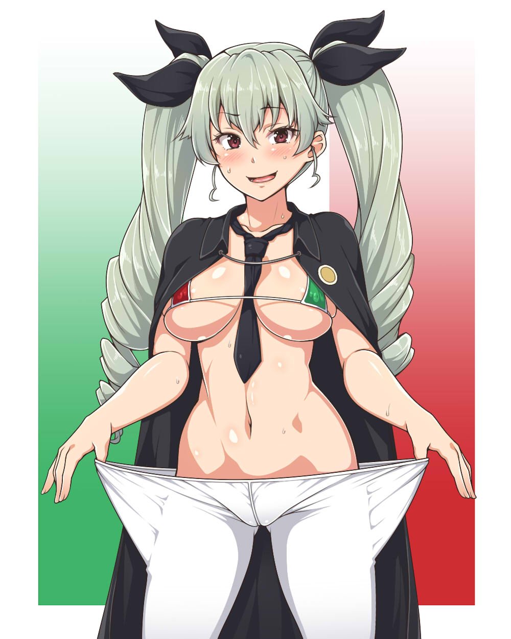 anchovy anzio_school_uniform ao_banana ass_visible_through_thighs bangs between_breasts bikini bikini_top black_neckwear black_ribbon blush breasts breasts_apart cape collarbone crotch_seam drill_hair embarrassed eyebrows eyebrows_visible_through_hair fingernails forced_smile girls_und_panzer green_hair groin hair_between_eyes hair_ribbon highres large_breasts long_fingernails long_hair looking_at_viewer micro_bikini navel necktie necktie_between_breasts open_mouth pantyhose pantyhose_pull red_eyes ribbon solo stomach sweat swimsuit twin_drills twintails white_legwear
