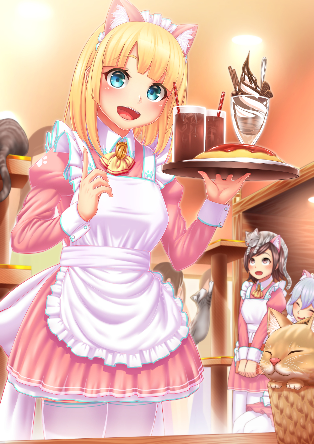 :d animal animal_on_head apron bad_id bad_pixiv_id bangs blonde_hair blue_eyes blue_hair blunt_bangs blush brown_eyes brown_hair cat cat_on_head closed_eyes drink drinking_straw food frills highres ice_cream looking_at_viewer looking_up maid maid_cafe moe2016 multiple_girls notori_d omurice on_head open_mouth pantyhose scratching smile solo_focus thighhighs tray v_arms white_legwear