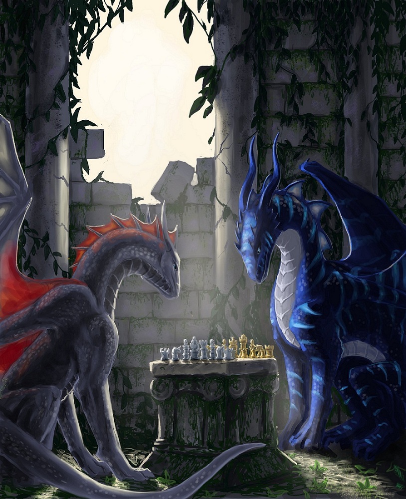 aaros_(artist) ambiguous_gender blue_eyes blue_scales chess claws curved_horn day detailed_background digitigrade dragon duo feral grey_scales horn inside membranous_wings nude scales sitting wings