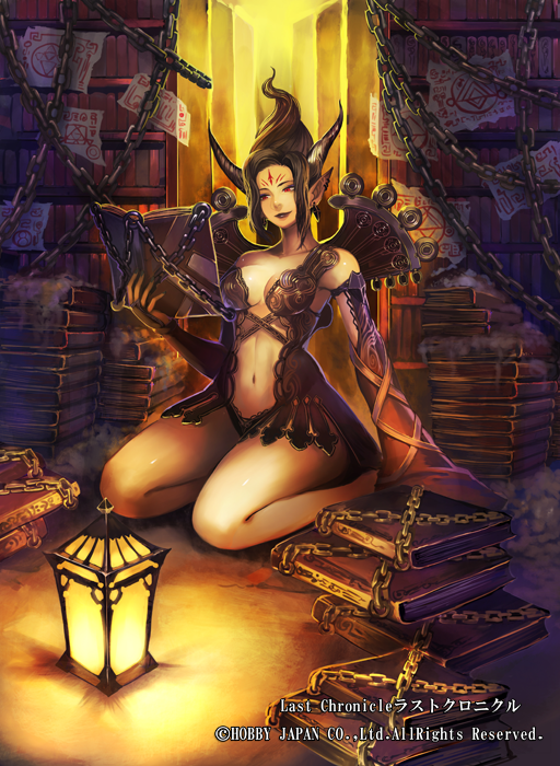 black_hair book_stack chain cherokee_(1021tonii) copyright_name demon_girl detached_sleeves diagram facial_mark forehead_mark horns lantern last_chronicle midriff navel official_art papers pointy_ears reading sitting solo updo wariza watermark wide_sleeves