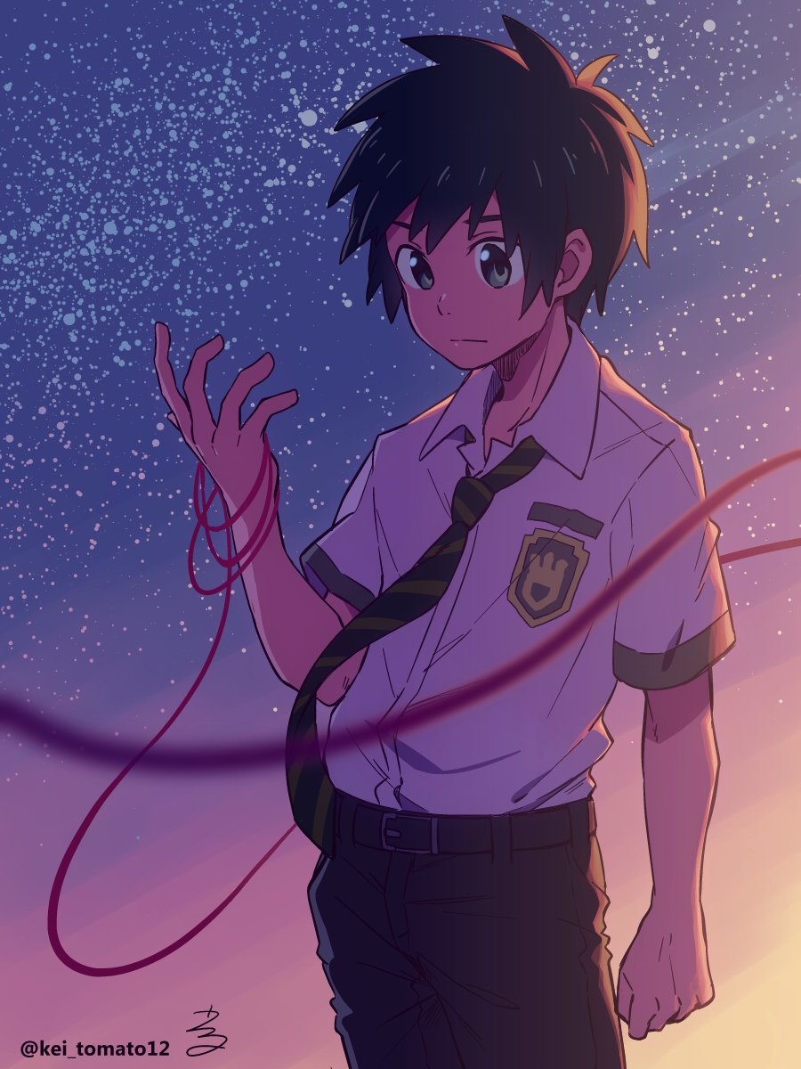 backlighting bad_id bad_twitter_id brown_hair cowboy_shot green_neckwear highres keitomato kimi_no_na_wa male_focus necktie red_ribbon ribbon school_uniform short_sleeves signature solo striped striped_neckwear sunset tachibana_taki twitter_username