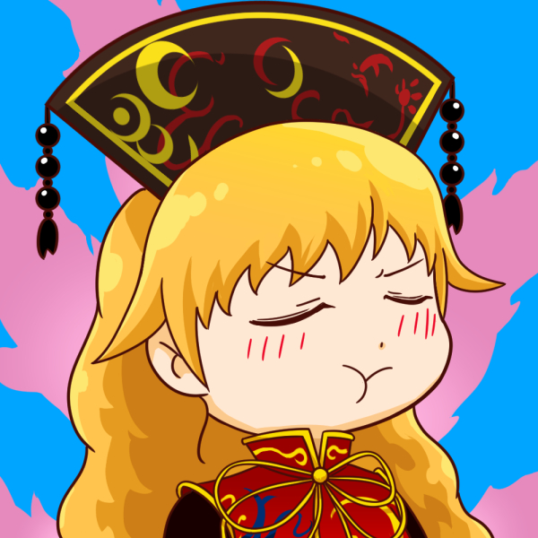 black_dress blonde_hair blush blush_stickers chinese_clothes closed_eyes commentary_request dress junko_(touhou) long_hair meme okema pout solo tabard touhou wavy_hair