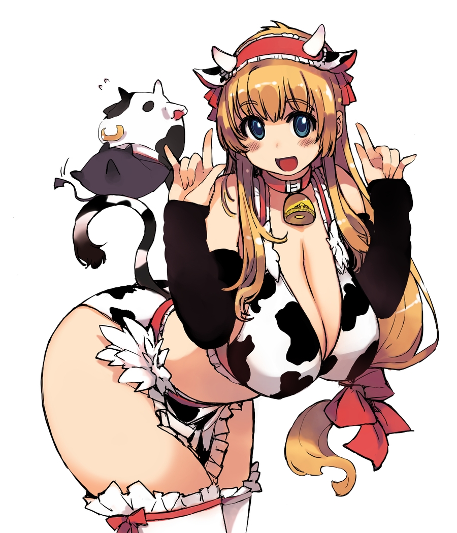 \m/ animal_costume animal_print apron bad_anatomy bell bell_collar bent_over bikini blonde_hair blue_eyes breasts cleavage collar cow cow_bell cow_costume cow_horns cow_print cow_tail curvy detached_sleeves deviruchi fake_horns hair_ribbon hairband horns large_breasts long_hair low-tied_long_hair midriff ragnarok_online red_ribbon ribbon solo swimsuit tail tail_raised thighhighs waist_apron white_legwear whitesmith xration