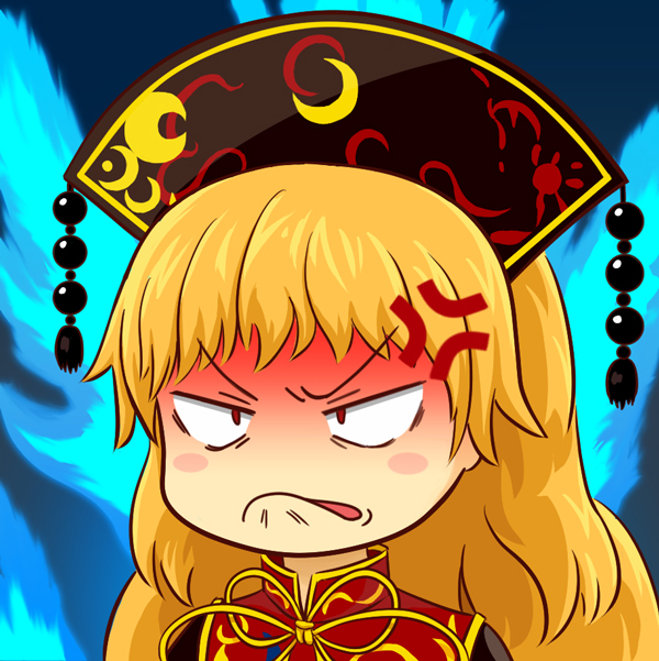 anger_vein angry black_dress blonde_hair blush_stickers chinese_clothes commentary_request constricted_pupils dress junko_(touhou) long_hair meme okema red_eyes solo tabard touhou wavy_hair