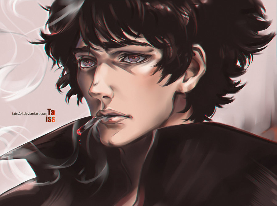 1boy 90s black_jacket cigarette cowboy_bebop highres jacket looking_away male shirt smoking solo spike_spiegel suit taiss14