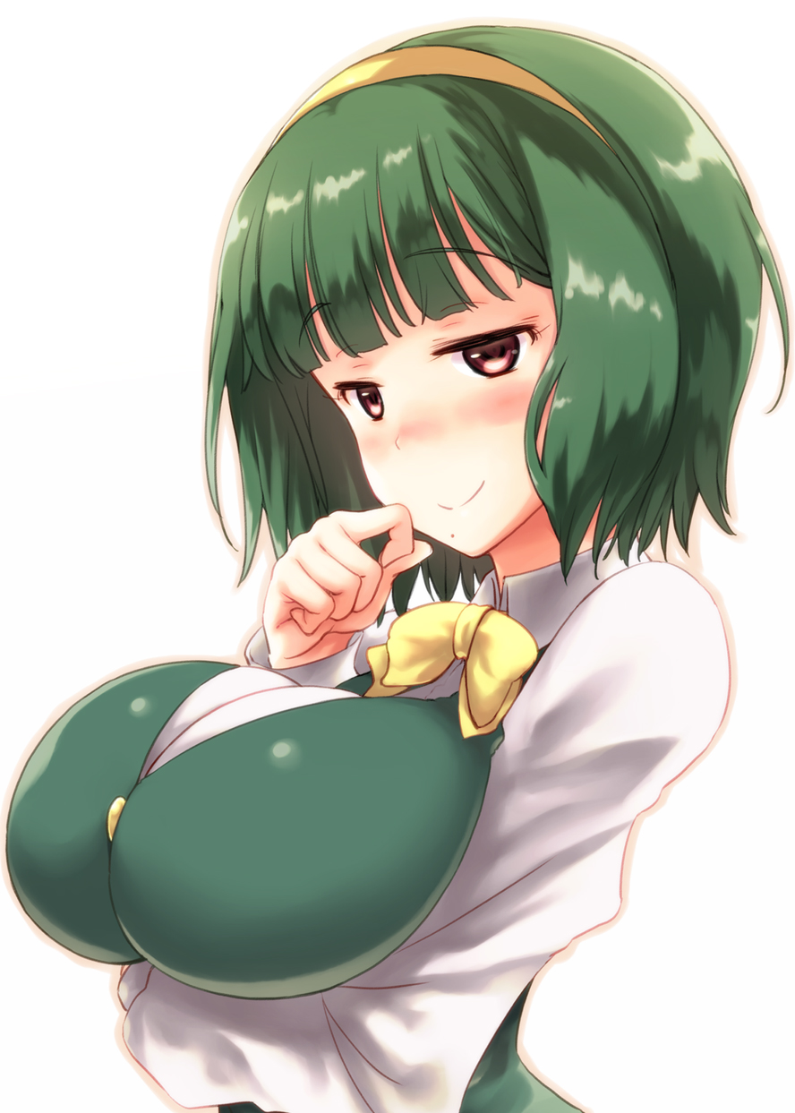 bangs blunt_bangs blush bow bowtie breast_hold breasts buttons clenched_hand collared_shirt from_side fuyube_rion green_hair hairband half-closed_eyes hand_up highres idolmaster idolmaster_(classic) large_breasts long_sleeves looking_at_viewer mole mole_under_mouth naughty_face nose_blush orange_hairband otonashi_kotori outline red_eyes revision shirt short_hair simple_background smile solo upper_body vest white_background yellow_hairband