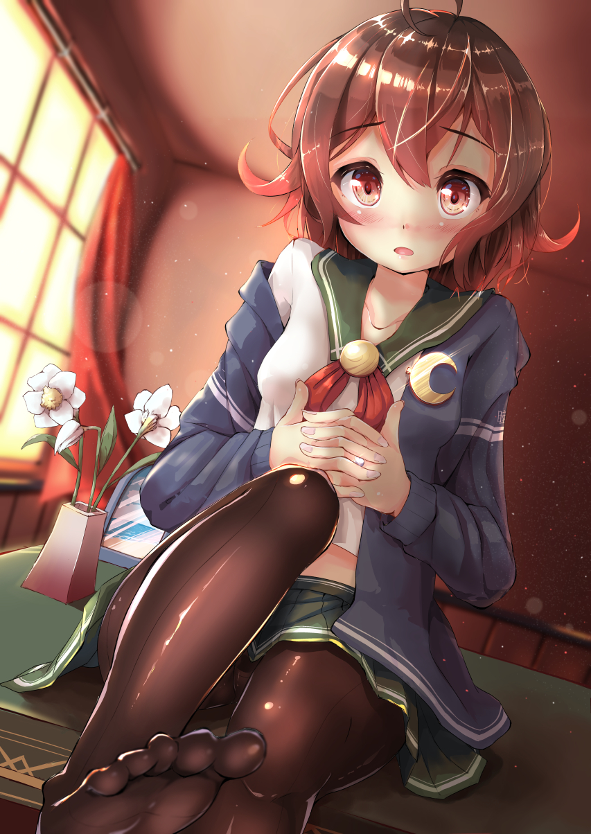 ahoge bangs blouse blue_jacket blush breasts brown_eyes brown_hair brown_legwear ceiling chair crescent crescent_moon_pin curtains daffodil desk dutch_angle flower green_skirt hands_clasped highres indoors jacket kantai_collection light_particles long_sleeves looking_at_viewer miniskirt mutsuki_(kantai_collection) neckerchief no_shoes nyafu_(moai_lion) off_shoulder office on_desk open_mouth own_hands_together pantyhose pleated_skirt remodel_(kantai_collection) sailor_collar school_uniform serafuku short_hair sitting skirt small_breasts smile solo toes vase wainscoting white_blouse window