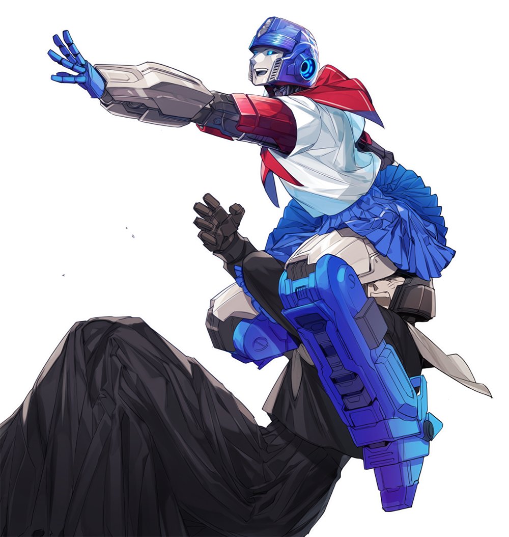 2boys autobot blue_eyes clothed_robot crossdressing d-16_(transformers_one) ddaroll mecha megatron multiple_boys no_humans open_mouth optimus_prime robot school_uniform science_fiction serafuku skirt smile transformers transformers_one