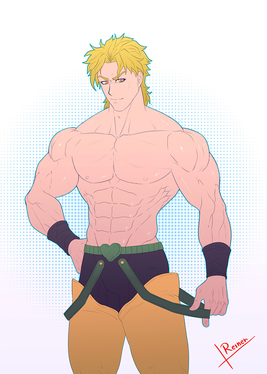 artist_name bara blonde_hair dio_brando highres illustrator jojo_no_kimyou_na_bouken male_focus muscle reiner55 shirtless smile solo yellow_eyes