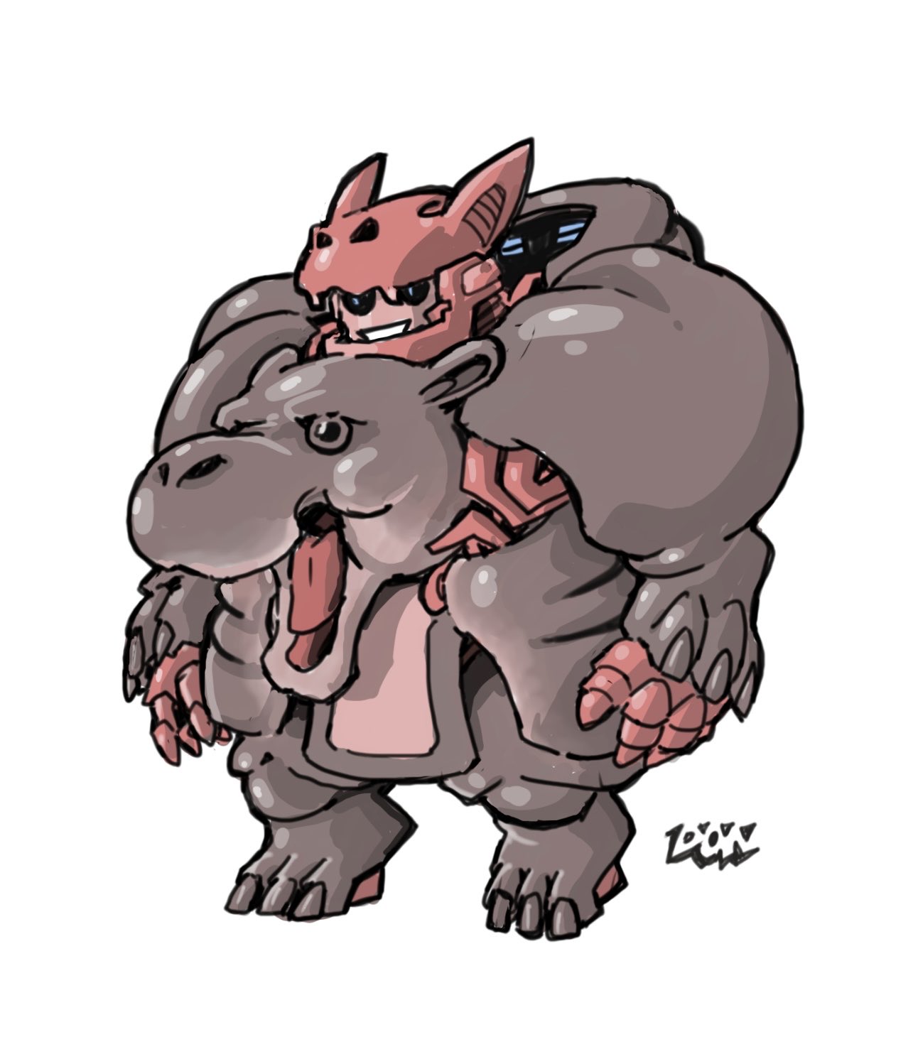 beast_wars black_sclera blue_eyes chibi colored_sclera don_allan_figueroa highres mecha mecha_focus mechanization moo_deng no_humans parted_lips real_life robot simple_background smile transformers white_background